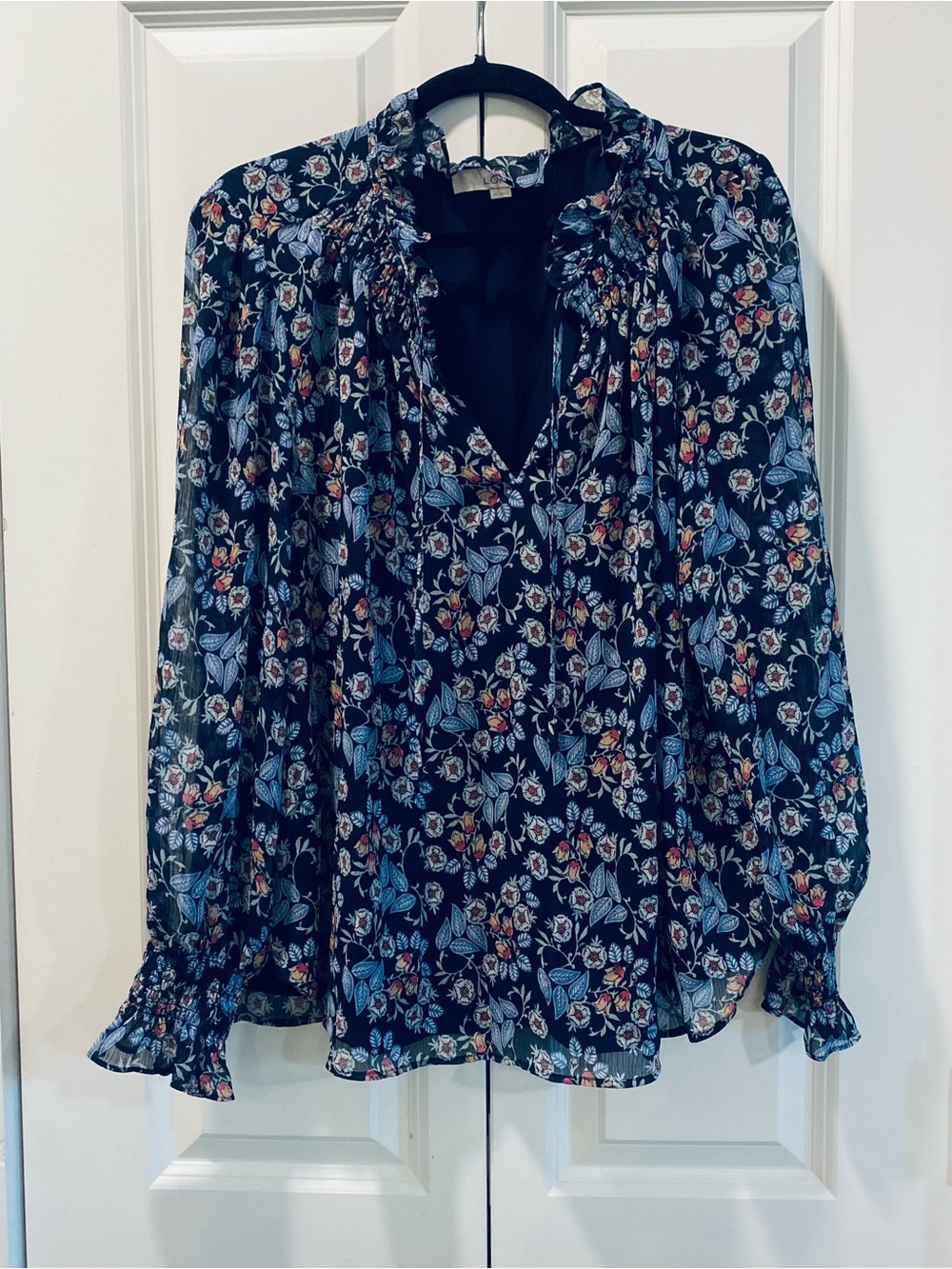 LOFT Navy Floral Ruffle V-Neck Blouse with Blue and Coral Accents